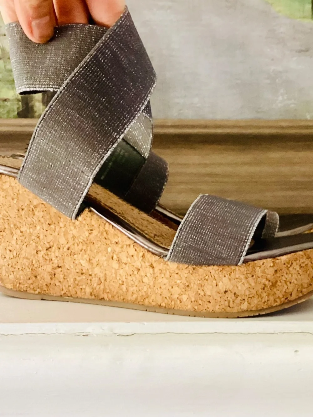 Volatile Silver Elastic Ankle Strap Wedge Cork Platforms Women’s Size 8 Stretch